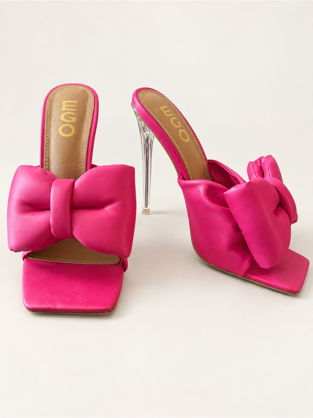EGO Fuchsia Satin Bow Clear Heel Mules